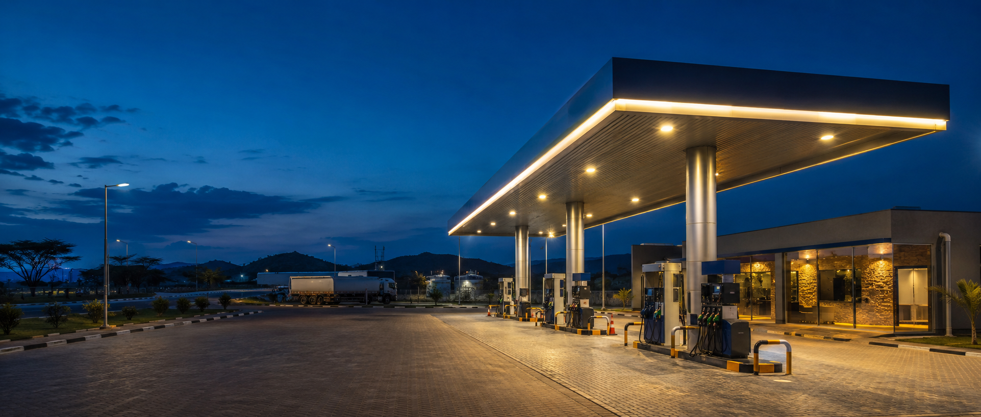 Modern fuel station at blue hour
